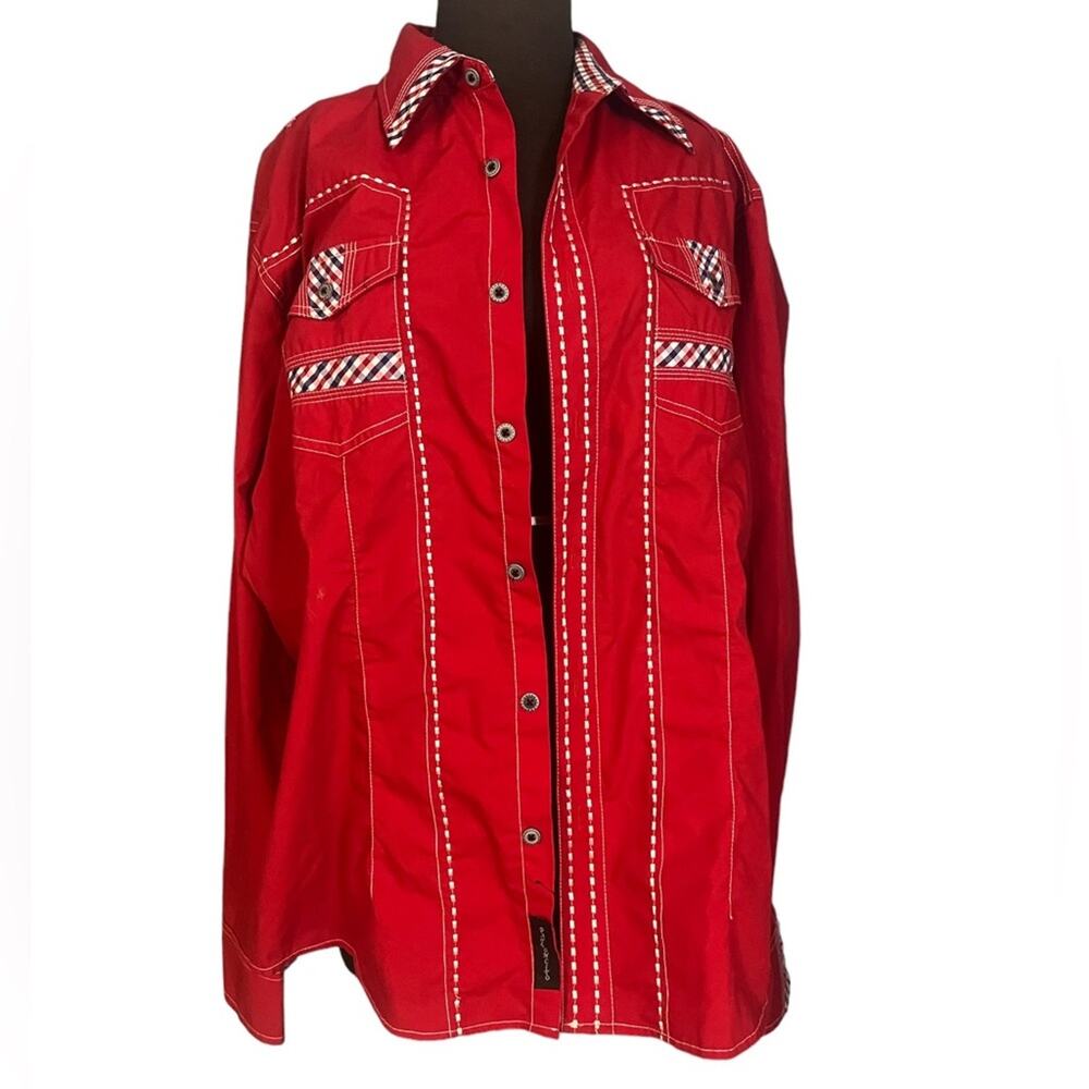Patroncito USA Red Western Gingham Trim Rodeo Button Front Shirt Mens XL